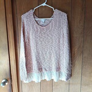 Oh MG! Womens XL Pink Eyelash Knit Sweater Lace Hem Soft Cozy Boutique Pullover